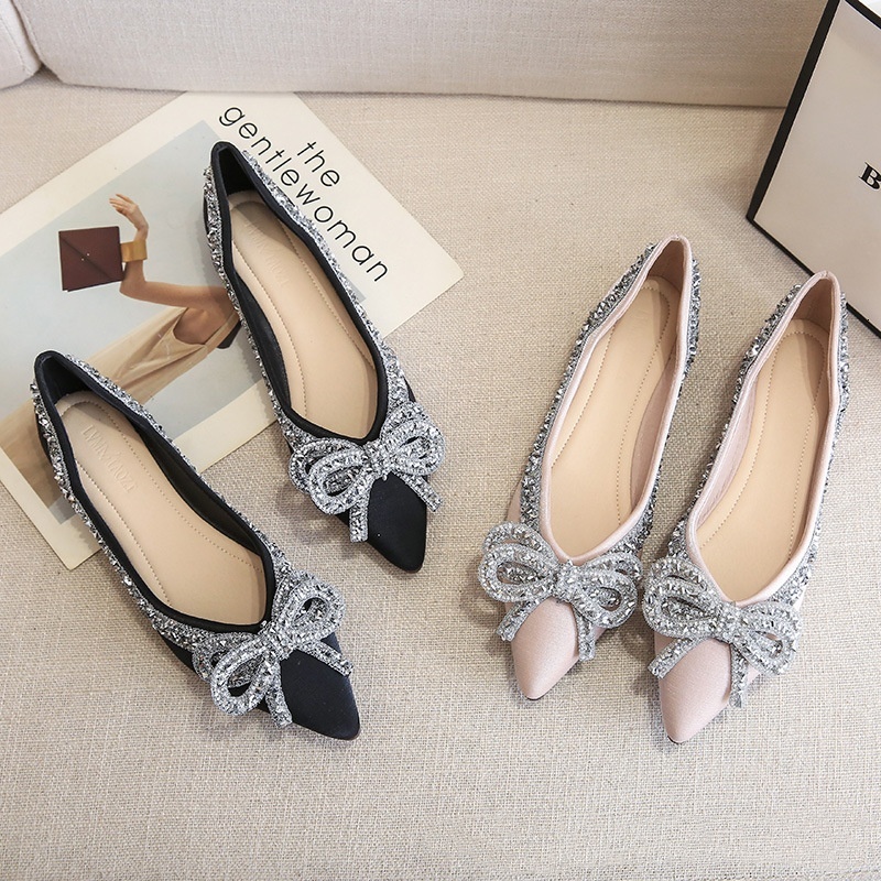 Single Women Flat Bowknot Soft Bottom Shallow Mouth Drill Ladybird Women's Large Size Boat Shoes