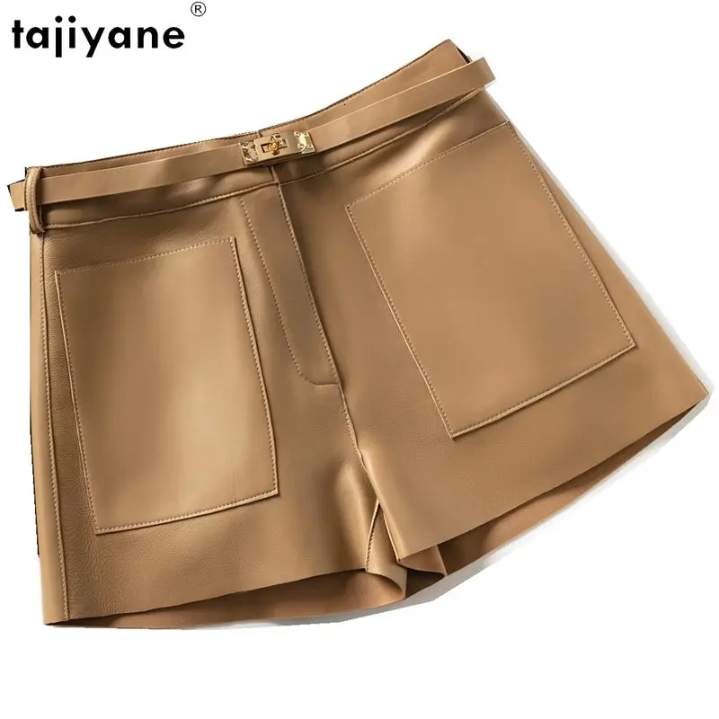 Tiyane Genuine Leather For Womens High Waist Real Sheepskin Pants Korean Style Slim Shorts Cargo Women Short SGG