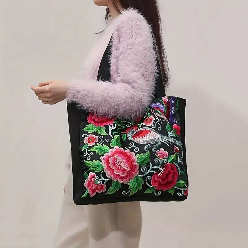 Designer Bag Ethnic Style Flower Embroidery Canvas Tote Shoulder Bag Large Capacity Handbag For Women