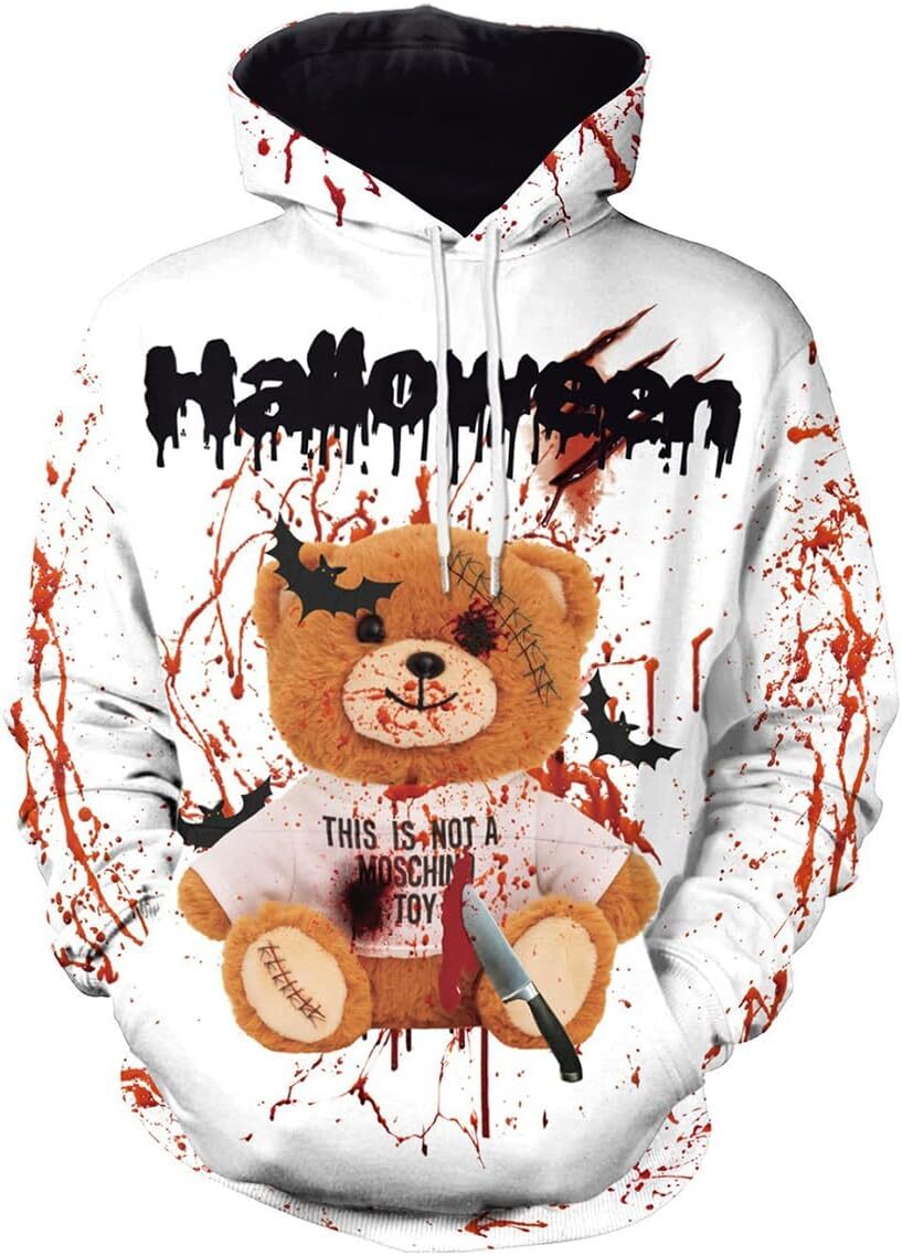 Hoodie for Mens Womens Halloween Horror Blood Stained 3D Print Hooded Sweatshirt,Loose Fit Pullover Hoodie,Long Sleeve Casual Party Costume Graphic co