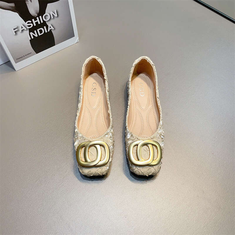 Evening Breeze Shallow Mouth Single Women's Korean Edition Spring And Summer New Style Metal Buckle Folded Silk Square Head Soft Bottom Flat Heel