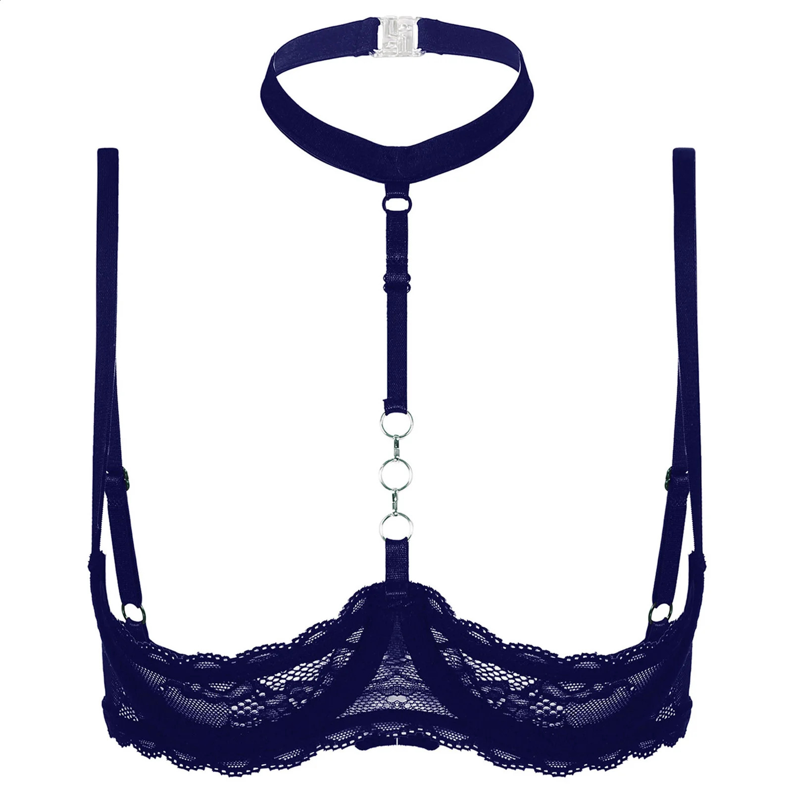 Womens Lingerie Adjustable Spaghetti Straps Push Up Sheer Lace Bra Tops Open Breast Exposed Halter Neck O Ring Brassiere 241105