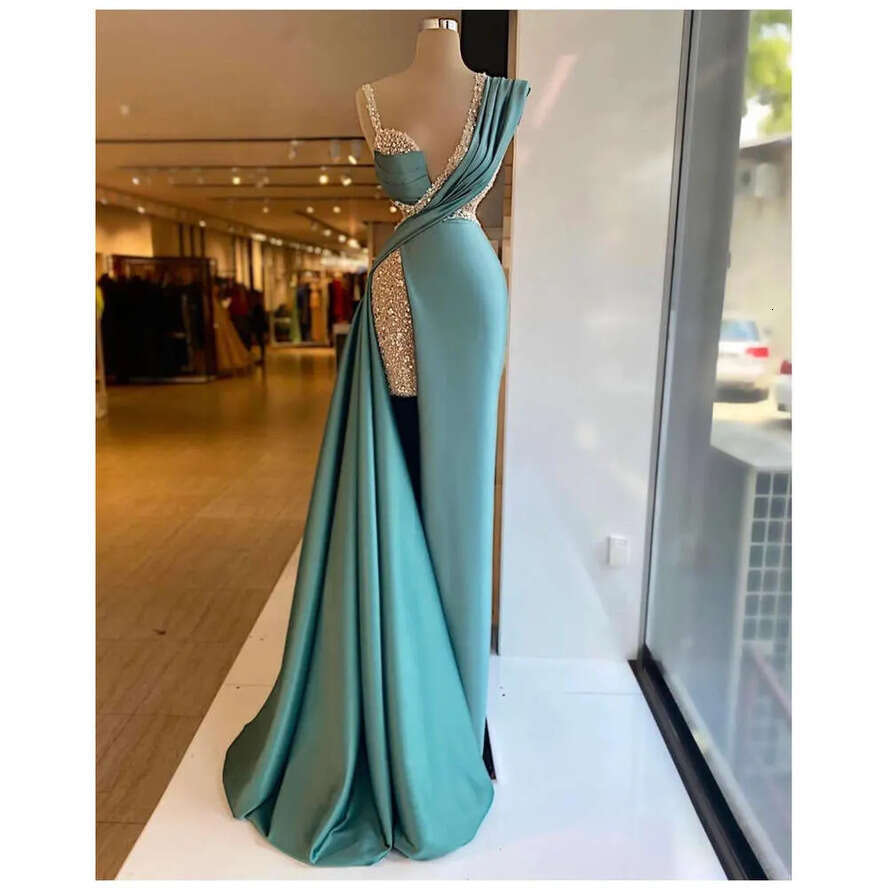 Lace Mint Sexy Turquoise Sequined Prom Dresses Deep V Neck Illusion Crystal Beads High Side Split Or Length Satin Mermaid Party Evening Gowns