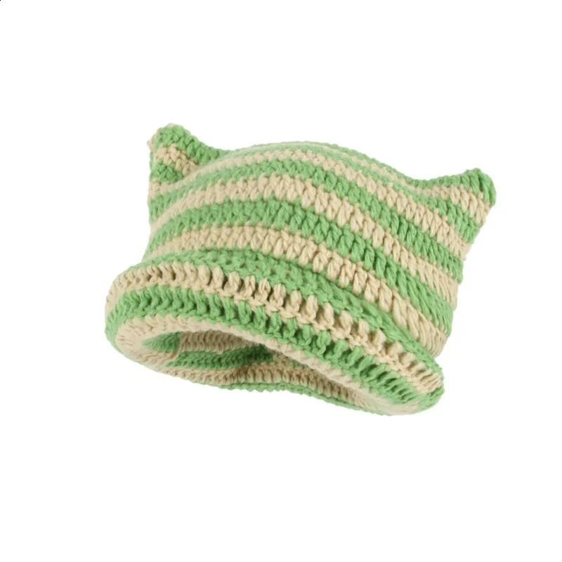 Autumn and Winter Woolen Hat Japanese Style Little Devil Handmade Stripesd Womens Cat Ears Warm Knitted Pullover 241105