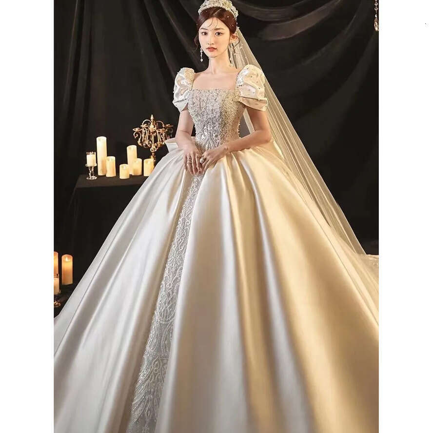 Pearls A Full E Dresses Lace Tulle Appliques Beading Summer Beach Satin Wedding Bridal Gowns Vintage Plus Size Ball Gown Sweep Train Vestidos Ppliques