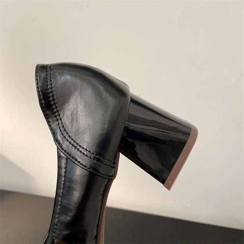Rough Order Shoes For Women, Korean Version, Spring And Autumn New Item, Versatile Soft Leather Grandma Fashionable Square Toe High Heels, Work Shoes,