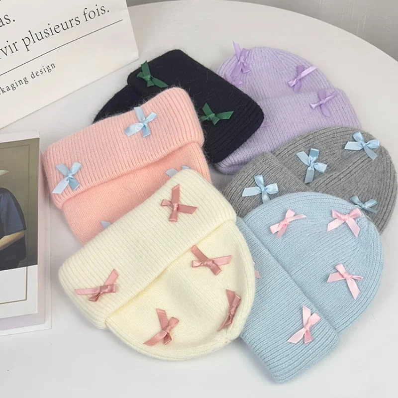 Korean Winter Bow Knitted Hat Ins Style Cute Y2K Girls Autumn and Personalized Fashion Warm Ear Protection 241105