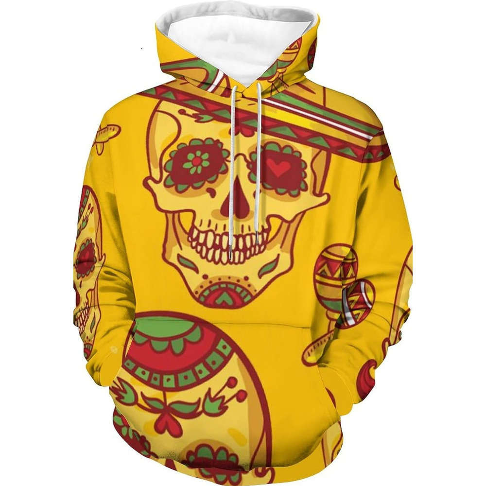 Hoodie for Mens Womens Skull And Sombrero Day Hoodies for Men 3D Print Pullover Hooded Drawstring Loose Sweatshirt with Big Pockets Graphic color