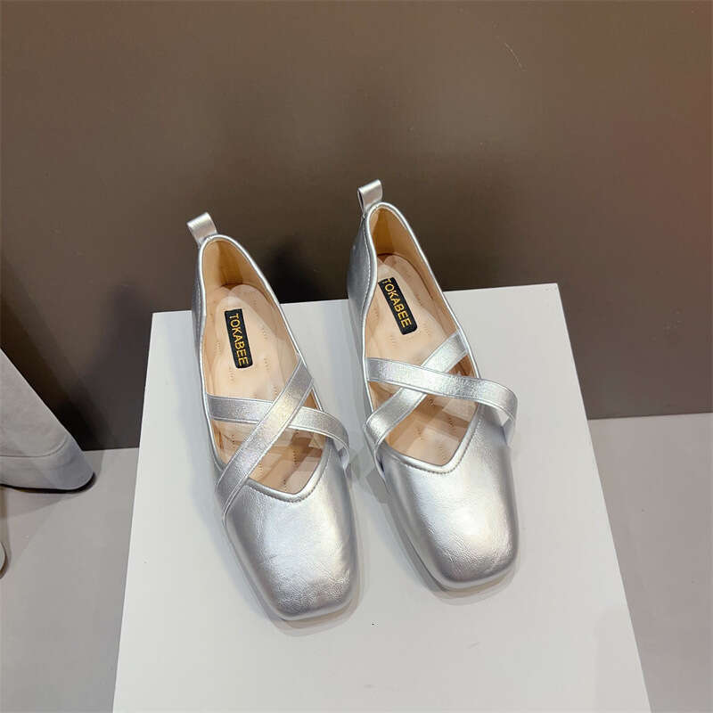 Gentle Silver Single Women's Korean Version New Spring And Autumn Soft Sole Square Toe French Shallow Mouth Ballet Mary Jane Flat Shoes