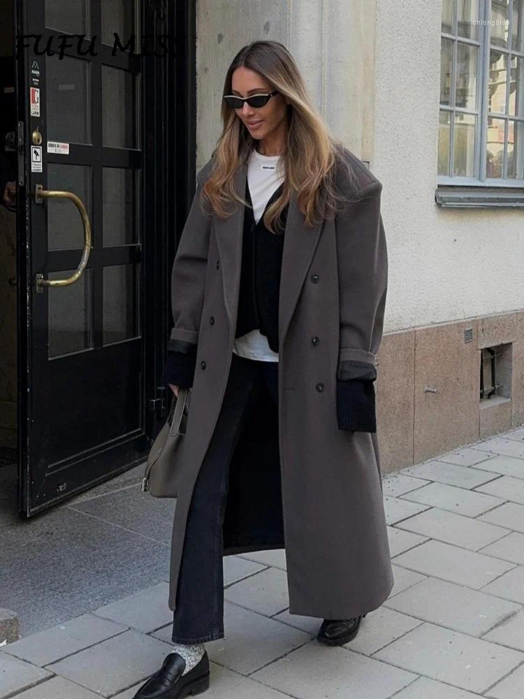 Women's Jackets Solid Woolen Lapel Long Coats For Women Loose Full Sleeve Double Breasted Shoulder Pads Overcoats 2024 Autumn Lady Outwears