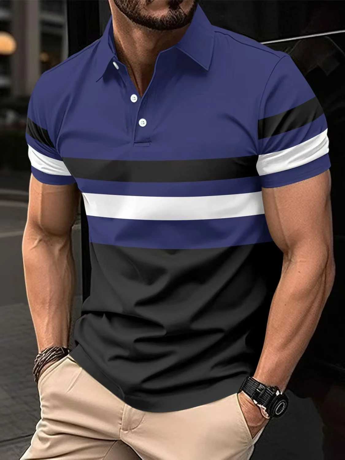 New high-quality summer mens shirt zipper fashion casual business T-shirt sports breathable top striped printing W241104