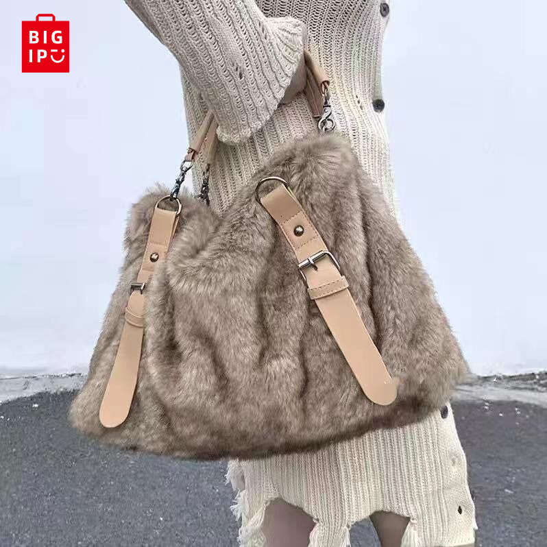 Designer Bag JIAERDI Plush Large Capacity Tote Bag Women Vintage Autumn Winter Fur Soft Khaki Handbag Female Retro Casual Messenger Bag Y2k handbag