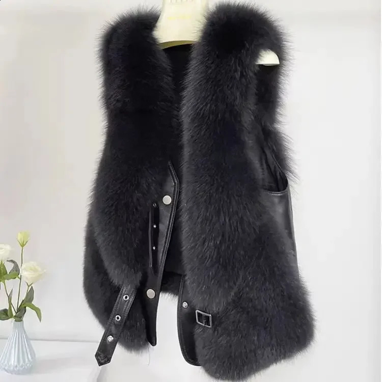 2024 Autumn Winter Fur Coat Women Vest Short Spliced with Solid Color Fur Clothing Shoulder V-neck 241105