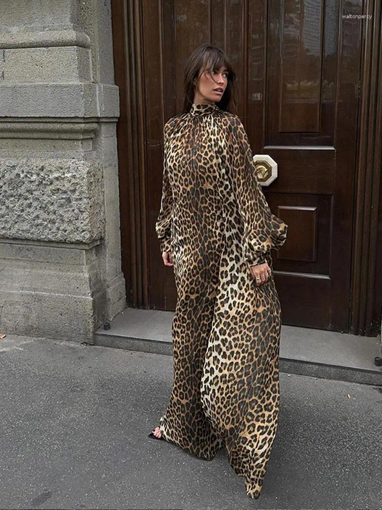 Casual Dresses Leopard Print Lace Up Loose Maxi Dress Women Fashion Full Sleeve High Neck Long 2024 Lady Street Robes