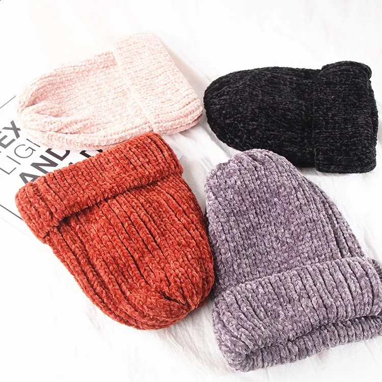 Girl casual cotton thick warm knitting beanies cap Winter Lady women chenille hat Knitted Skullies gorros 241105