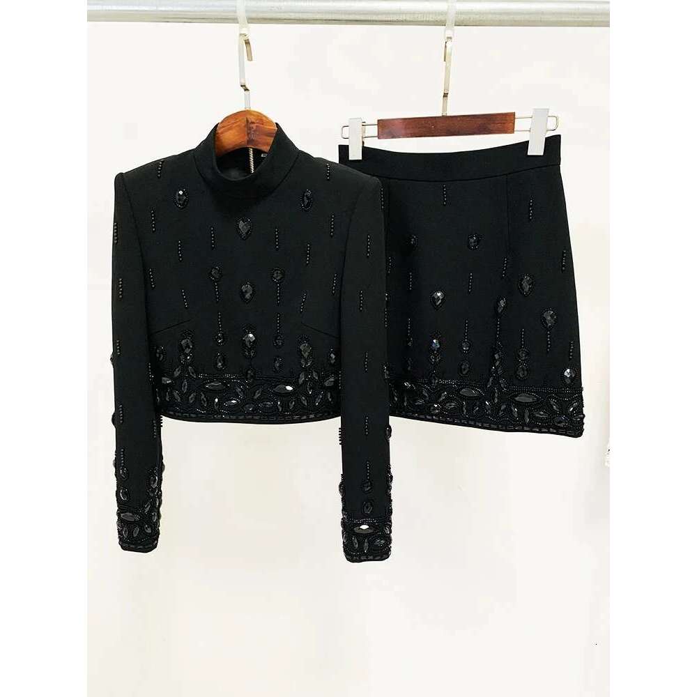 Latest designer runway set women's stand up collar zipper back open top mini skirt set 2 pieces