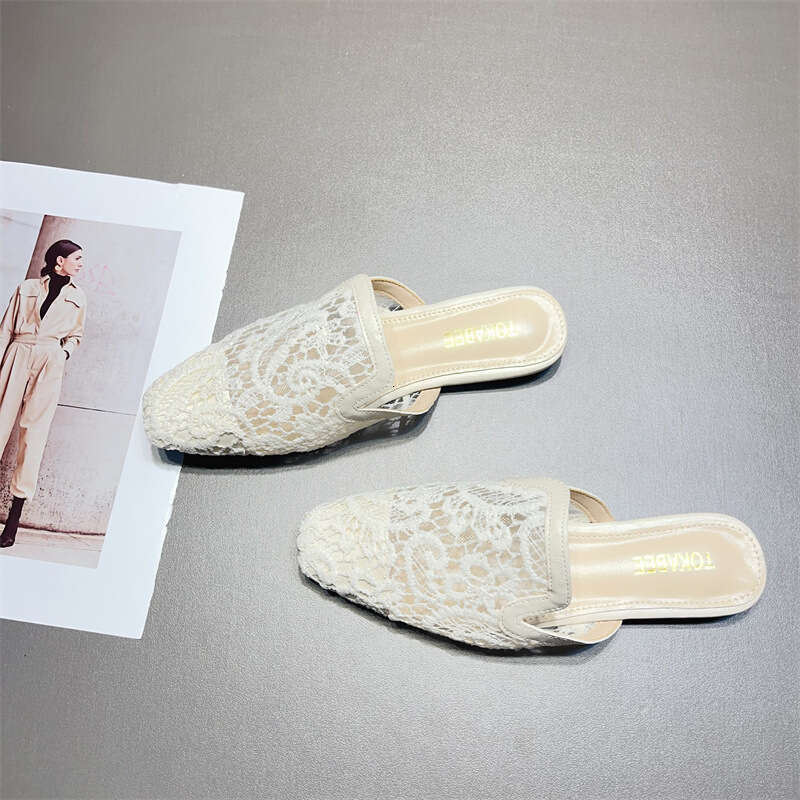 Fashionable Baotou Half Slippers For Women's Summer Outerwear 2024 New Comfortable Hollow Out Breathable Lace Mesh Flat Mill Shoes