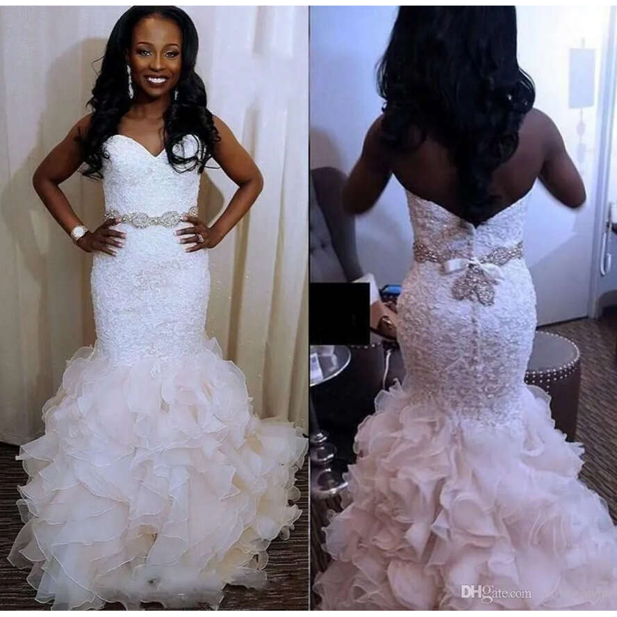 Gorgeous African Mermaid Dresses Sweetheart Lace Beaded Bridal Gowns Or Length Organza Ruffles Plus Size Wedding Dress Vestidos