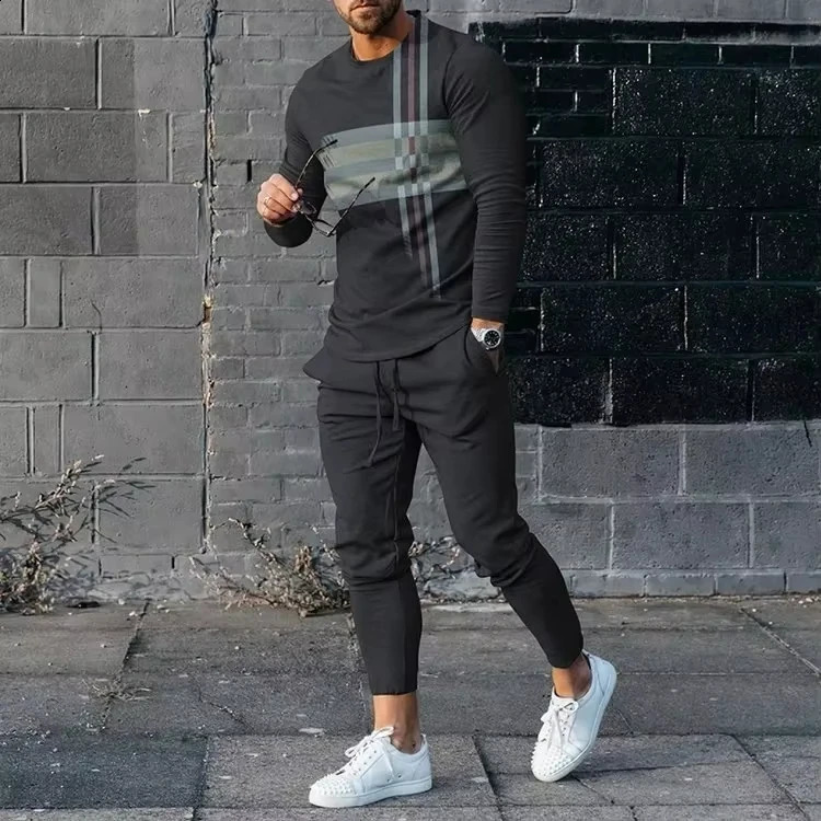 Fall Mens Clothing 3d Printied Mens Fashion Long Sleeve Pants Two-Piece Mens Casual Loose Long Sleeve Pants Two-Piece Set 241105