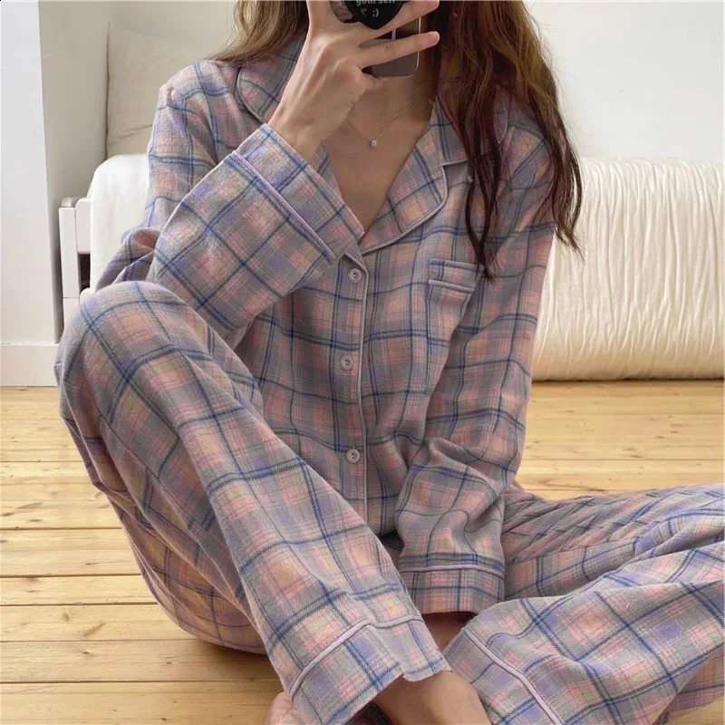 Minimalist and Casual Pajamas Spring Autumn Thin Lapel Cardigan Home Clothing Purple Plaid Leisure Sleepwear for Students 241105