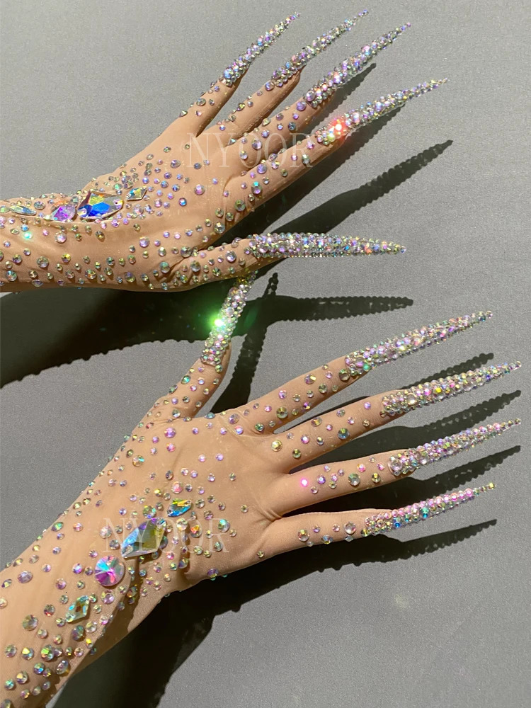 Sparkling colored rhinestones transparent mesh sexy long gloves dancers singers nightclubs dance stages po shoot241105