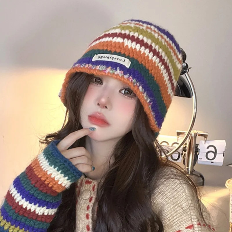 3 in 1 Rainbow Striped Knitted Hat Gloves Bags Warm Woolen Crochet Bucket 241105