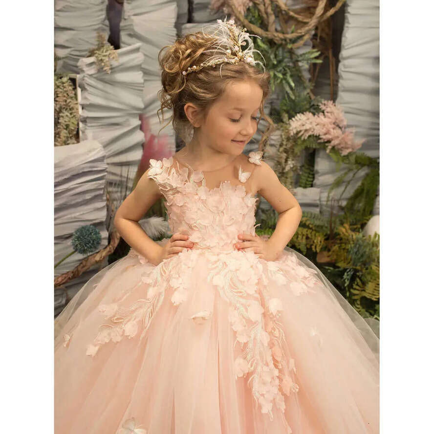 Lace Dree Pink Prince Gorgeou A E Sheer Neck D Butterfly Wer Long Girl Pageant Gown Kid Toddler Communion Birthday Dre Bc S