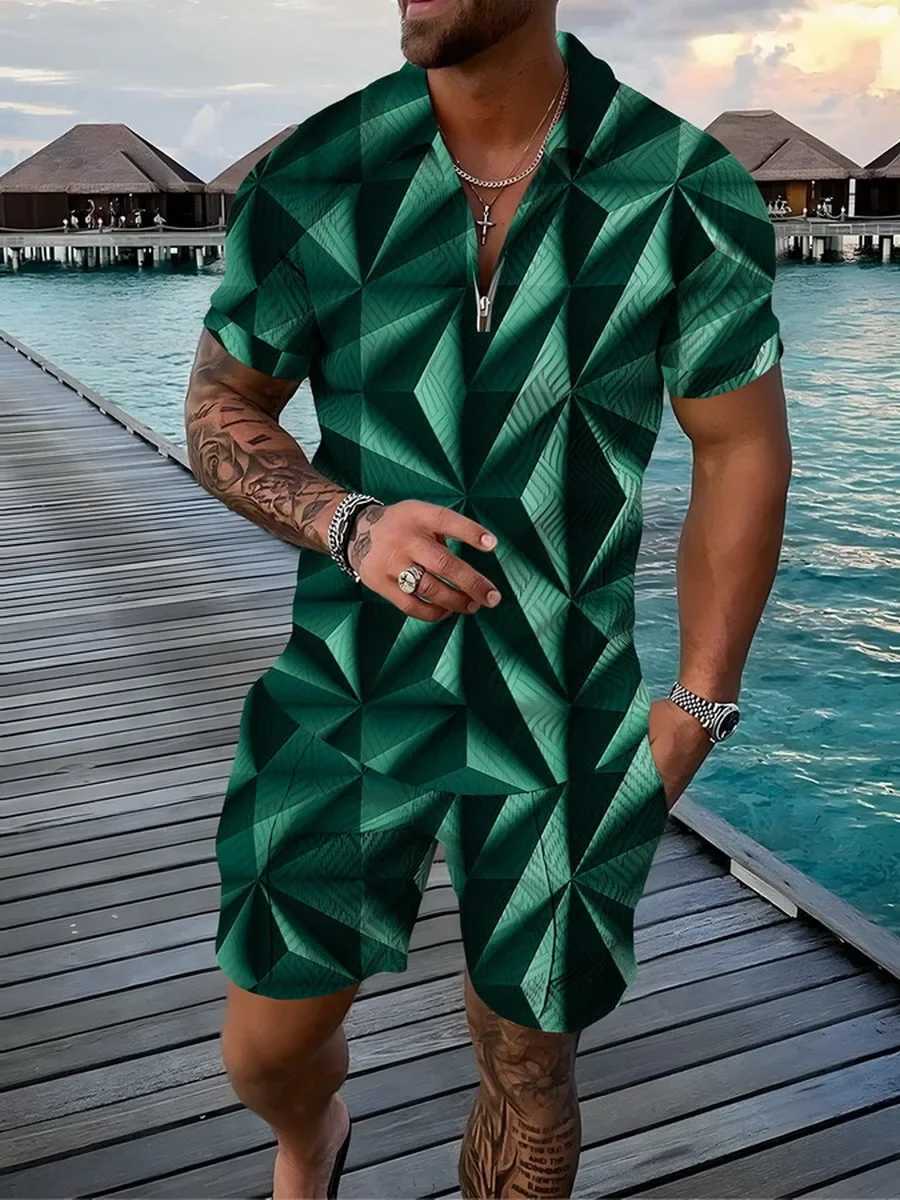 Mens shirt set 3D color geometric print summer sportswear 2-piece set popular zipper shirt+beach shorts W241104