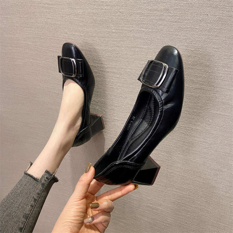 Rough Order Shoes For Women, Korean Version, Spring And Autumn New Item, Versatile Soft Leather Grandma Fashionable Square Toe High Heels, Work Shoes,