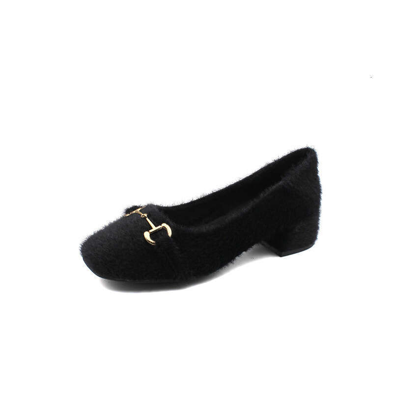2023 Autumn/Winter New Single Women's Head Hairy Metal Buckle Low Heel Outdoor Casual Warm Bean Shoes