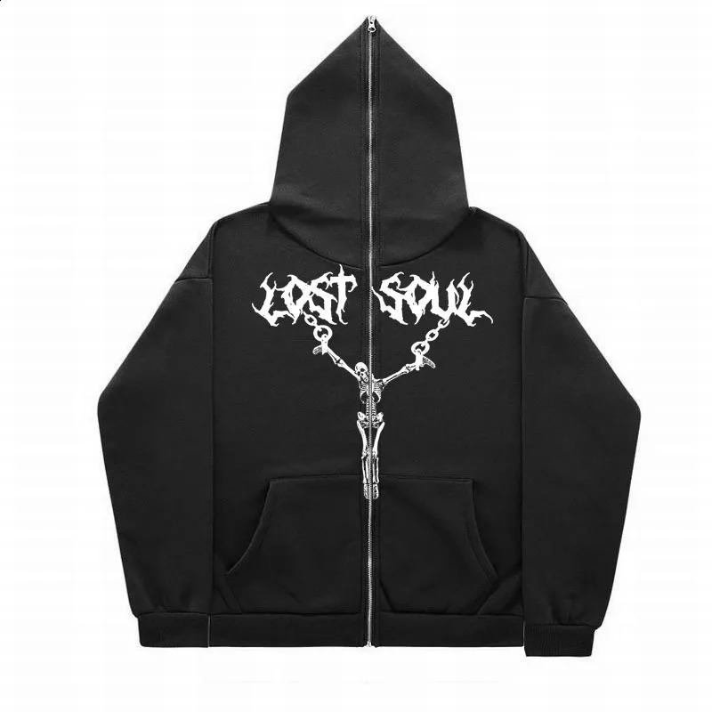 2024 Cross border Full Face Zipper Sweater American Retro Y2K Top Skull Iron Rope Printed Hoodie Coat 241105