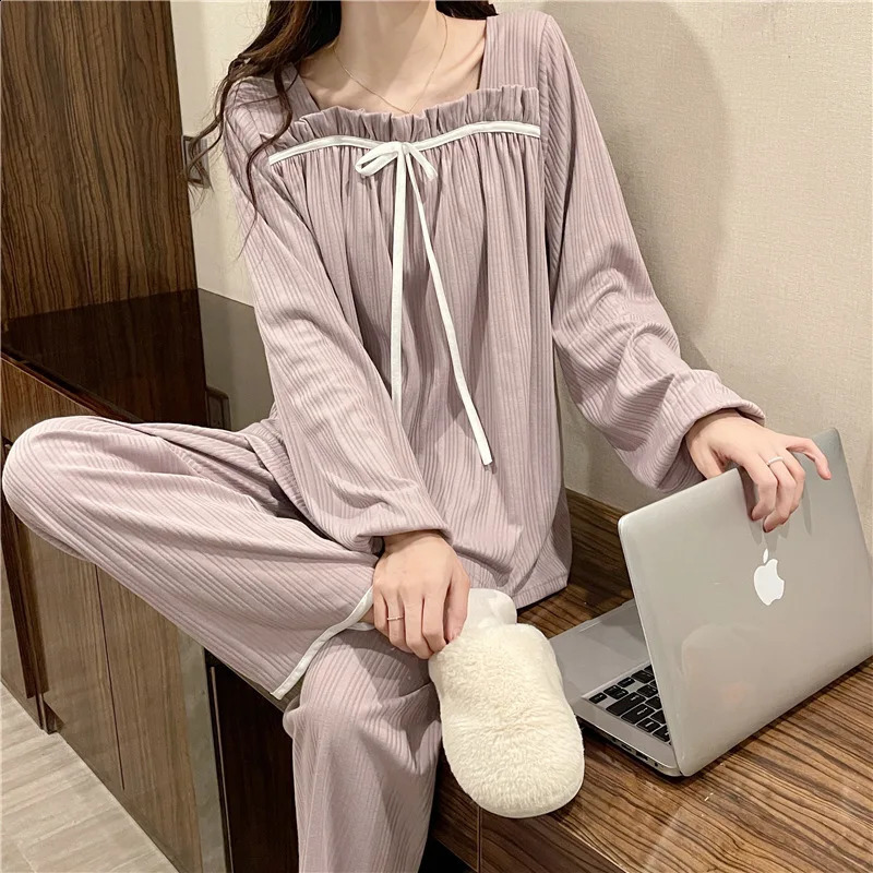 Womens Spring and Autumn Pajamas Set Womens Long-Sleeved Long Trousers Pajamas Homewear Sweet Leisure Homewear Loose Set 241105