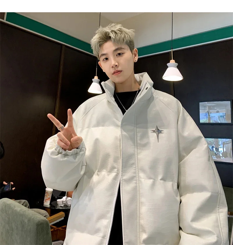 City Couple Down Jacket Winter PU Leather Jacket Pattern Fashion Preparatory Stand Collar Bread Jacket Mens Apron Jacket 241104
