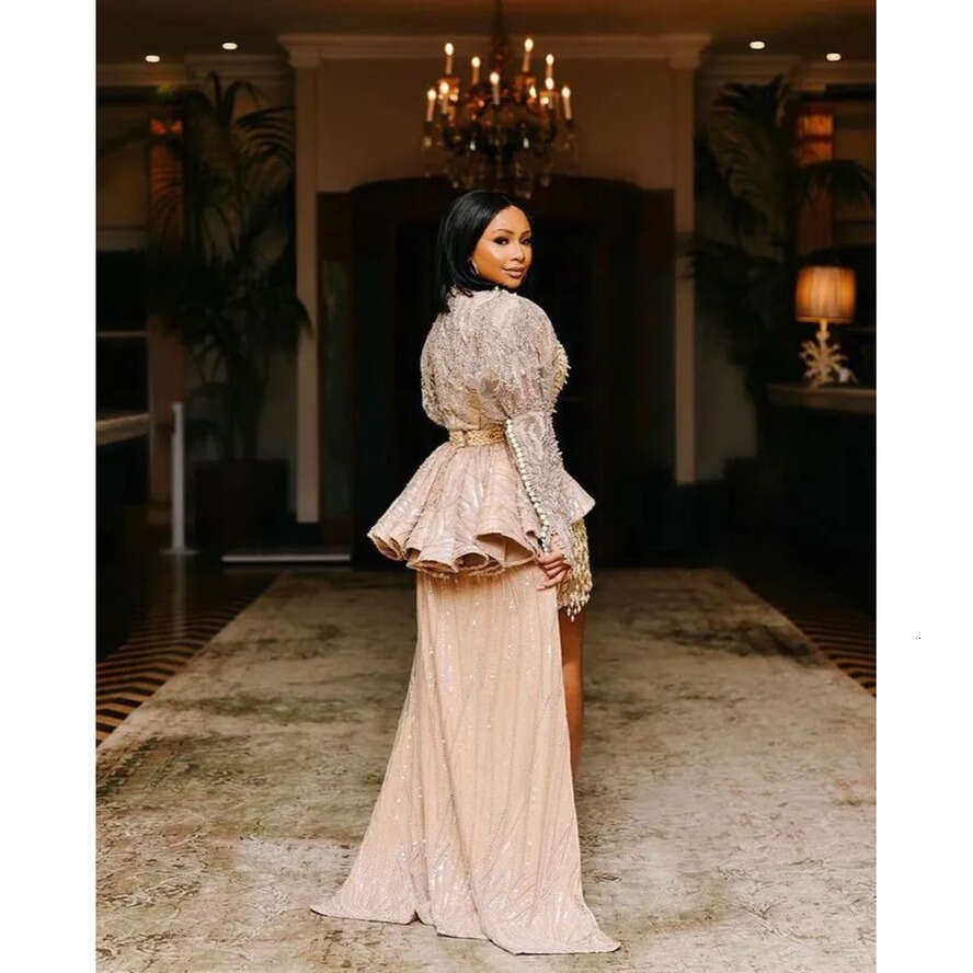 Plus Size Arabic Aso Ebi Champagne Urious Sexy Prom Dresses Lace Pearls Beaded Evening Formal Party Second Reception Gowns Dress ZJ