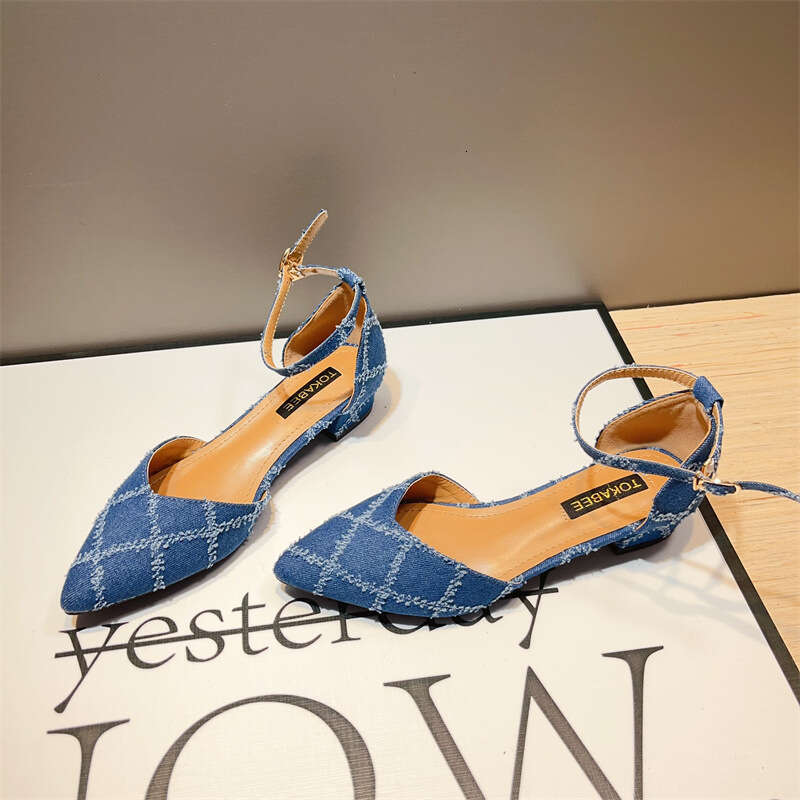 French Style Single Button Women's Korean Version Spring And Summer New Denim Pointed Hollow Thick Heel Fashion Sandals