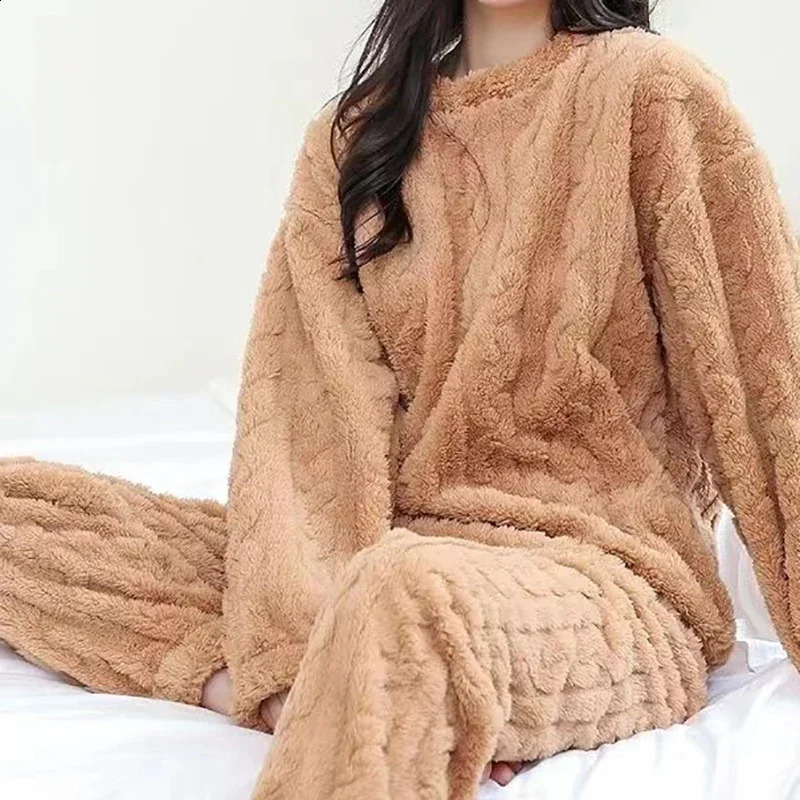 Autumn Winter Women Solid Warm 2 Piece Sets Thicken Velvet Ribbed Fleece Set Pullover And Pants Women Casual Pajama Sets 2024 241105