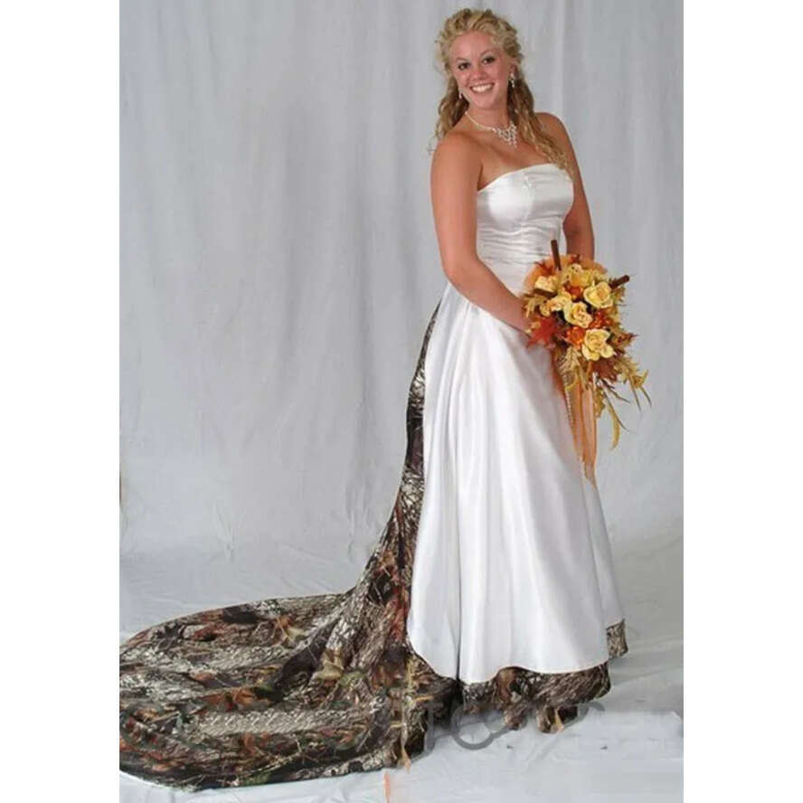 Strapless A New E Weddinf Dresses Simple White Print Lace Up Back Sweep Train Country Garden Wedding Bridal Gown Custom Made