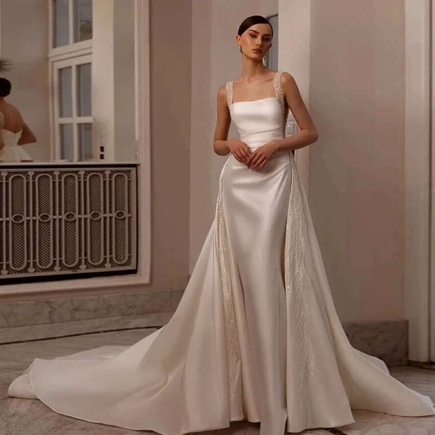 E A Women Elegant Wedding Dress Square Collar Sleeveless Backless Bridal Gown Sequins Pearls Detachable Train Dresses Custom Made Es legant es s
