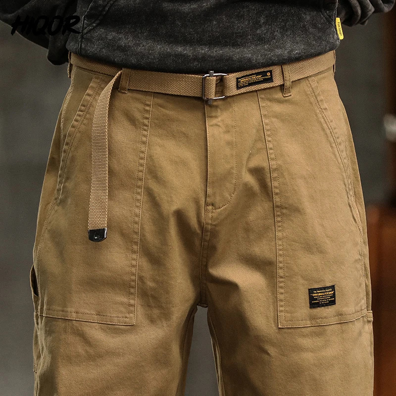 HIQOR Mens Clothing Spring Autumn Cargo Pants Man Cotton Casual Loose Trouser Belt Mid Waist Joggers Male Straight Baggy 241105