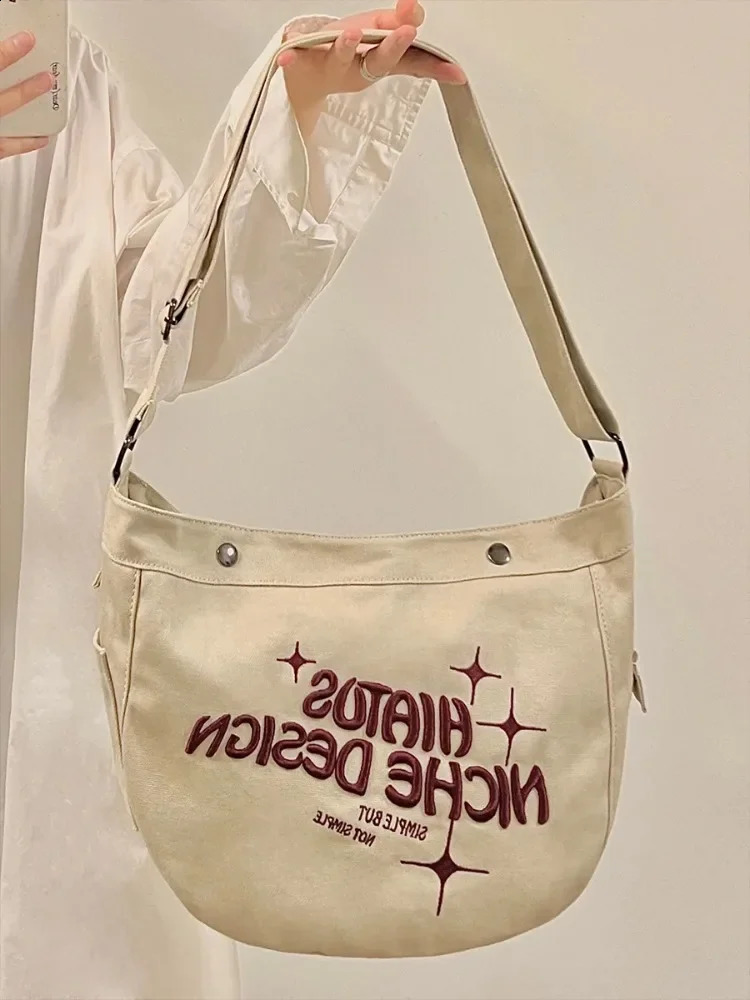 Canvas large bag capacity shoulder bag womens bag embroidered handbag cross body bag womens fashion shopping messenger bag 241105