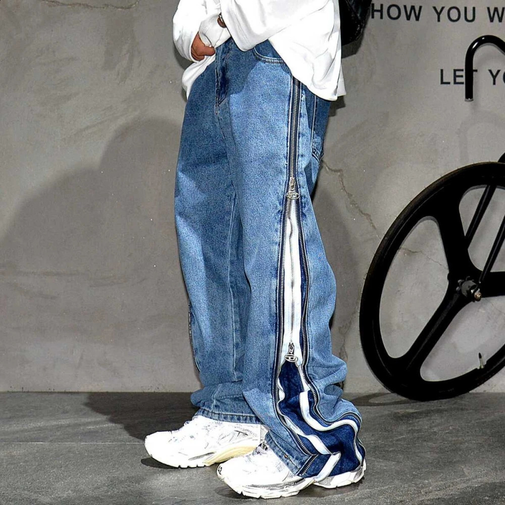 High Quality Korean Fashion Side Zipper Baggy Jeans For Men Streetwear Skateboard Stacked Denim Cargo Pants Loose Trousers 241105