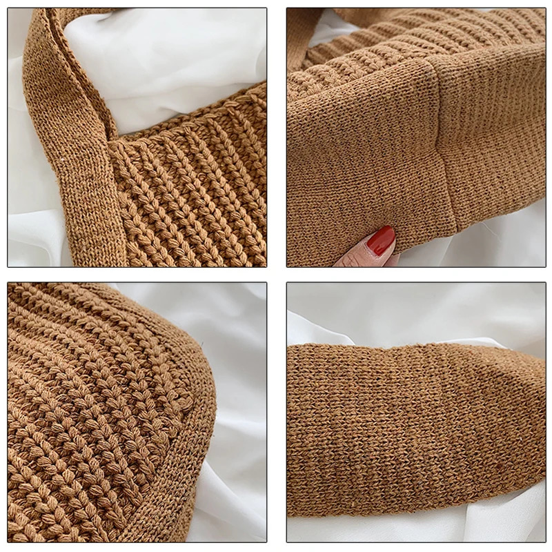 Korean Fashion Knitted Shoulder Shopping Bags For Women Vintage Soft Tote Bag Large Capacity Female Handbag Solid Sac 241104