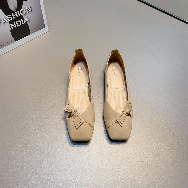 Gentle Style Shallow Mouth Single Shoe Women's Korean Version Spring And Summer New Item Bow Versatile Soft Sole Square Toe Flat Bottom French Sc