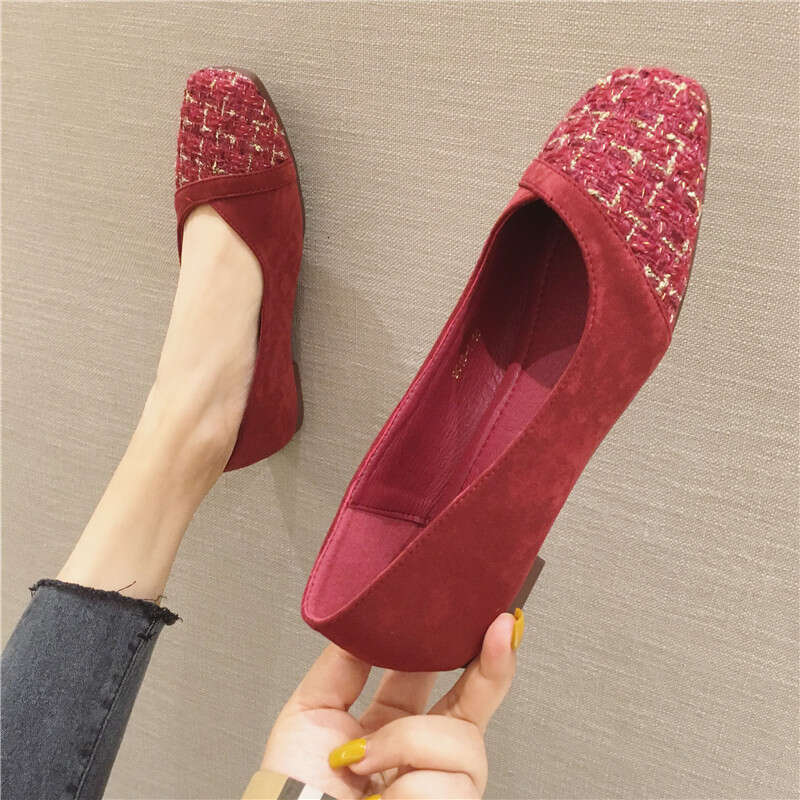 2023 Spring New Korean Edition Versatile Square Head Shallow Mouth Small Fragrant Style Flat Comfortable Soft Bottom Bean Single Women's Shoes