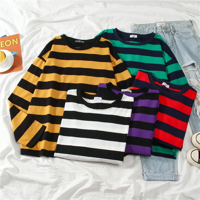 5 color Cotton Purple Striped Tops Slim Fit t shirt Harajuku Tshirt Summer Long Sleeve Korean Feminina oversized 241105