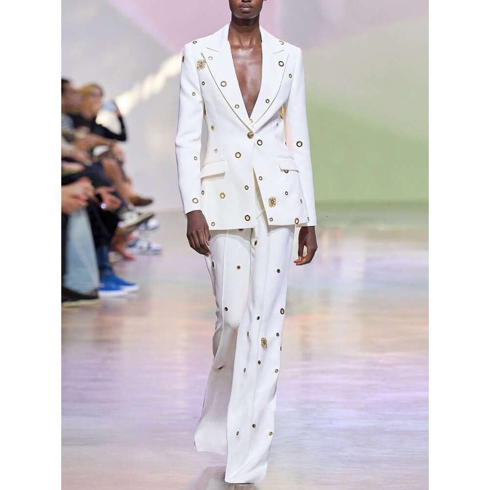 High quality latest designer fashion runway set women's slim fit single button eyelets lapel suit long pants luxury set 2 pieces, party dinner se