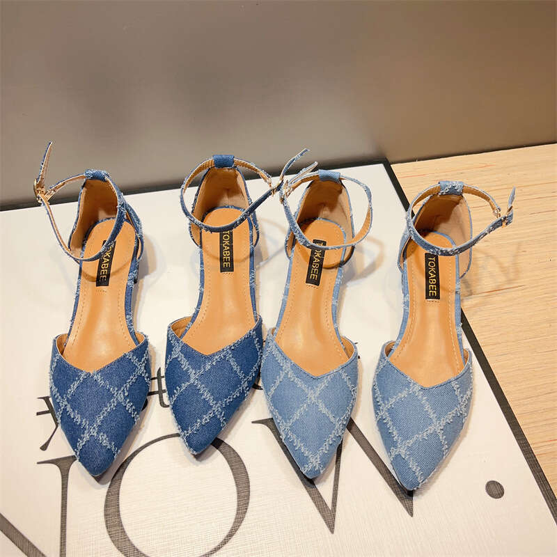 French Style Single Button Women's Korean Version Spring And Summer New Denim Pointed Hollow Thick Heel Fashion Sandals