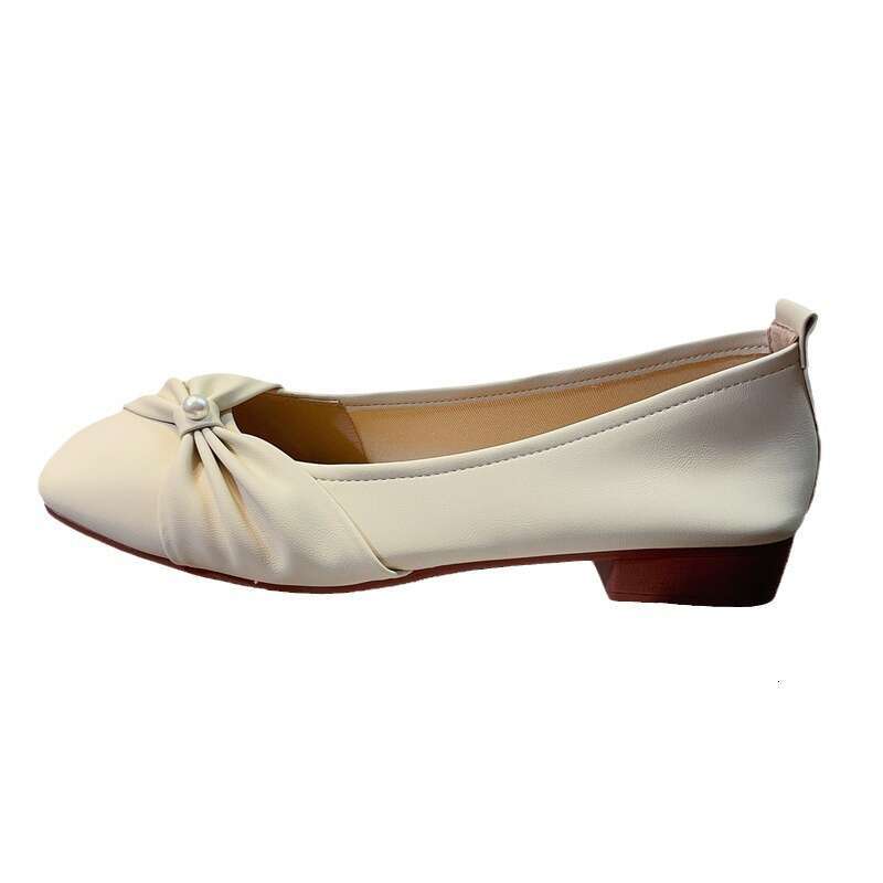 Korean Fashion New Single Shoe Women's French Gentle Evening Style Low Heel Scoop Pearl Shallow Mouth Large Size Bean Shoes
