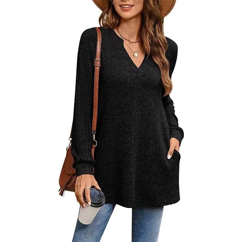 Women's Sweaters Autumn Winte Knitted Shirt Long Sleeved Solid Side Split Loose Top With Pockets Vintage Sweater