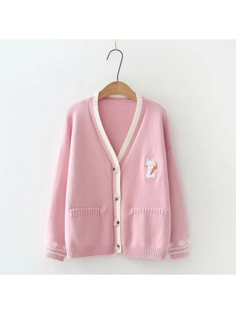 Autumn Korean Mori Girl Sweet Sweater Lolita Cute Bunny Embroidery Knitted Top Japanese Women Long Sleeve Cardigan Coat Knitwear 241105